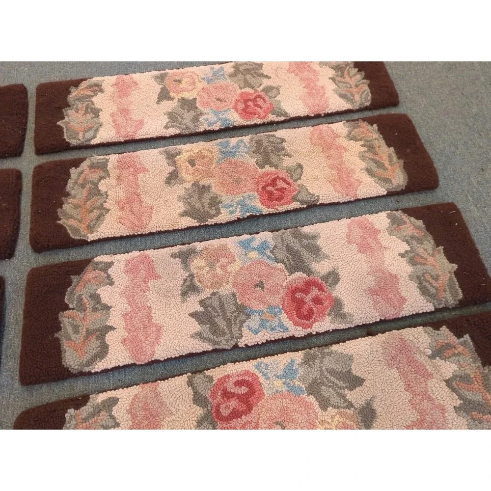 10 Antique Primitive Country Handmade‎ Hook Wool Hooked Stair Treads Floral Rug